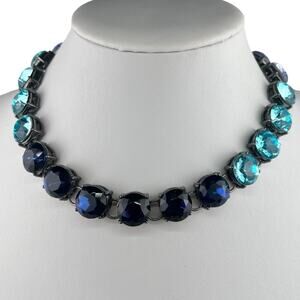 Blue Faceted Glass Statement Necklace Gunmetal Ombre Colors